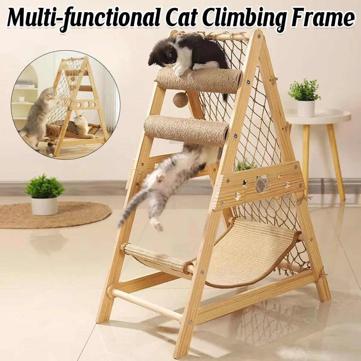 Cat Climbing Frame Wooden Cat Rack Multi Cat Play and Sleep Net for Indoor Use