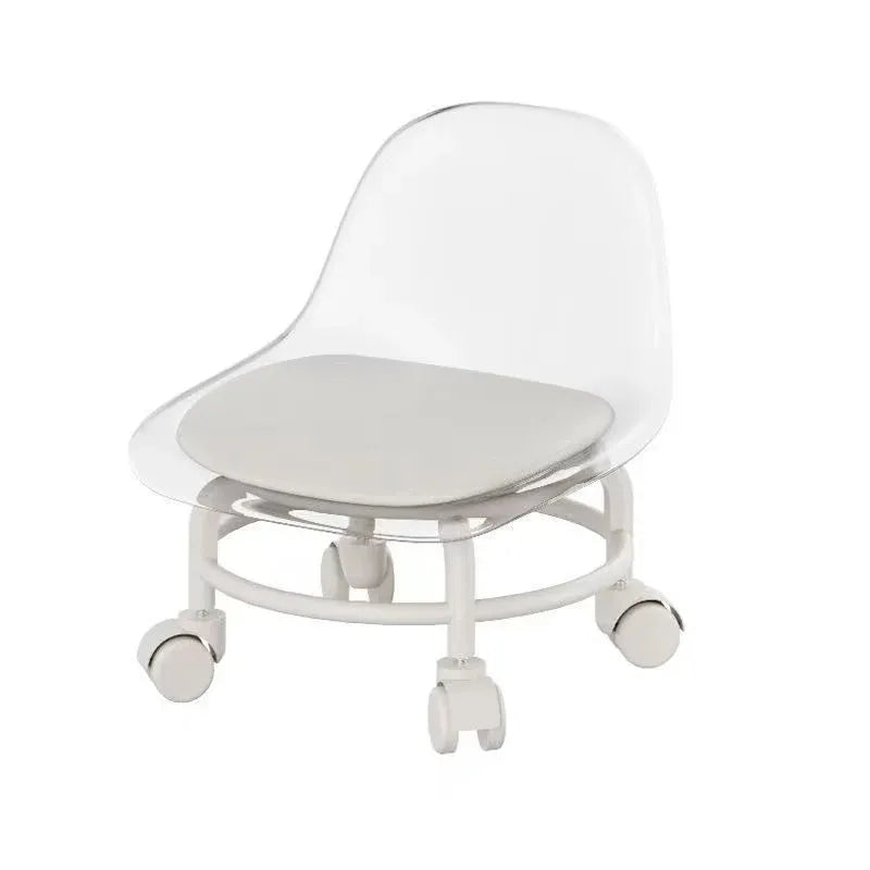 Stool with Universal Wheels Pulley Short Stool with Backrest Comfortable Seat - White