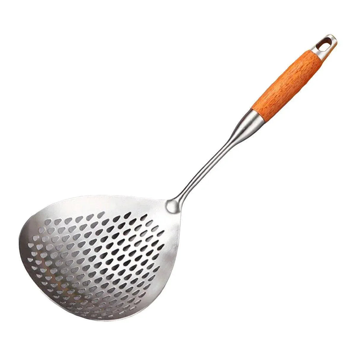 304 Stainless Steel Kitchen Colander Long Handle Noodle Dumpling Strainer Spoon - Yellow wood