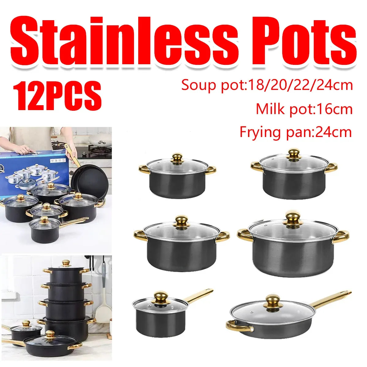 Stainless Steel 12 Piece Cookware Set Heat Resistant For Home Kitchen Cooking