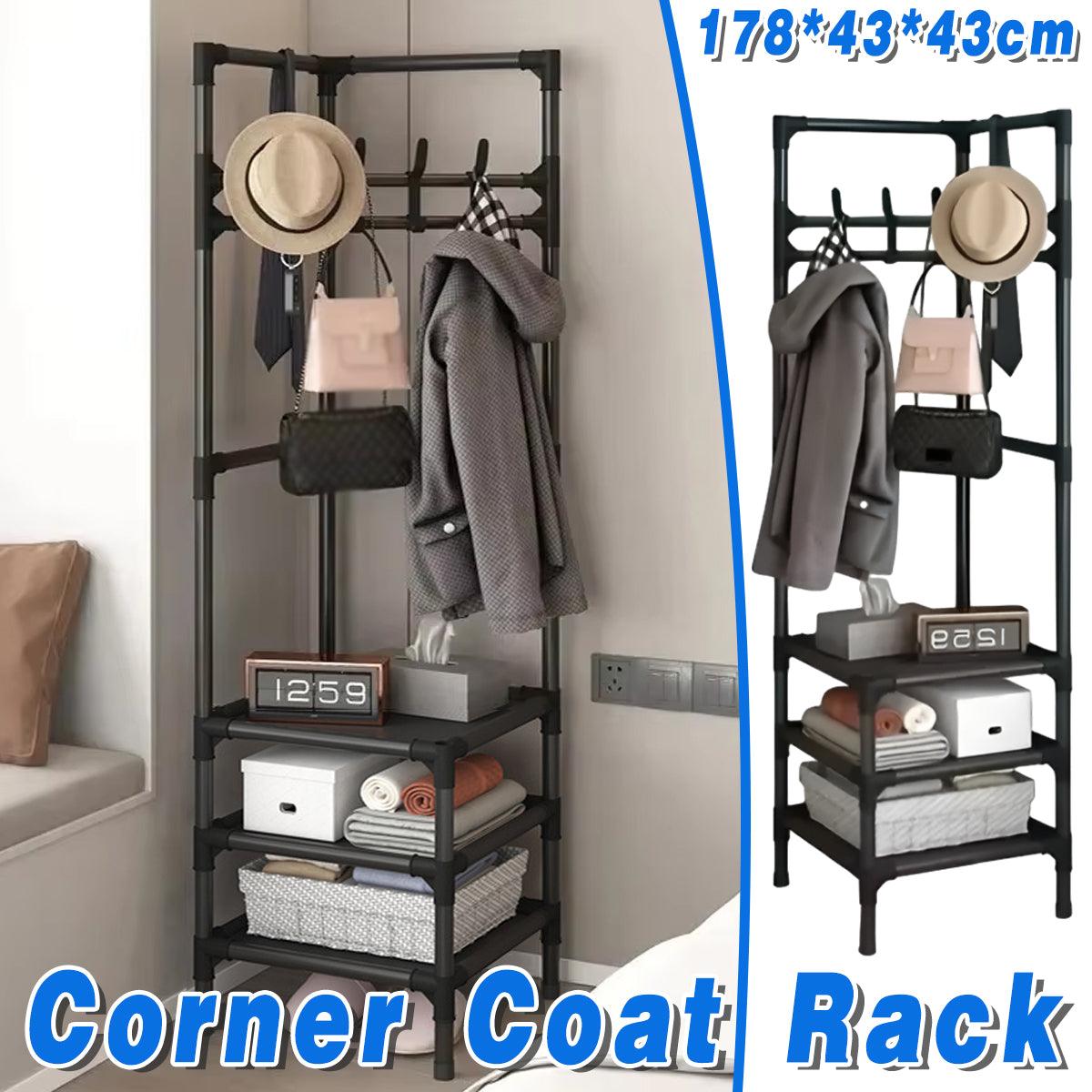Floor Standing Corner Coat Rack Multifunctional Clothes Hanger Storage Organizer