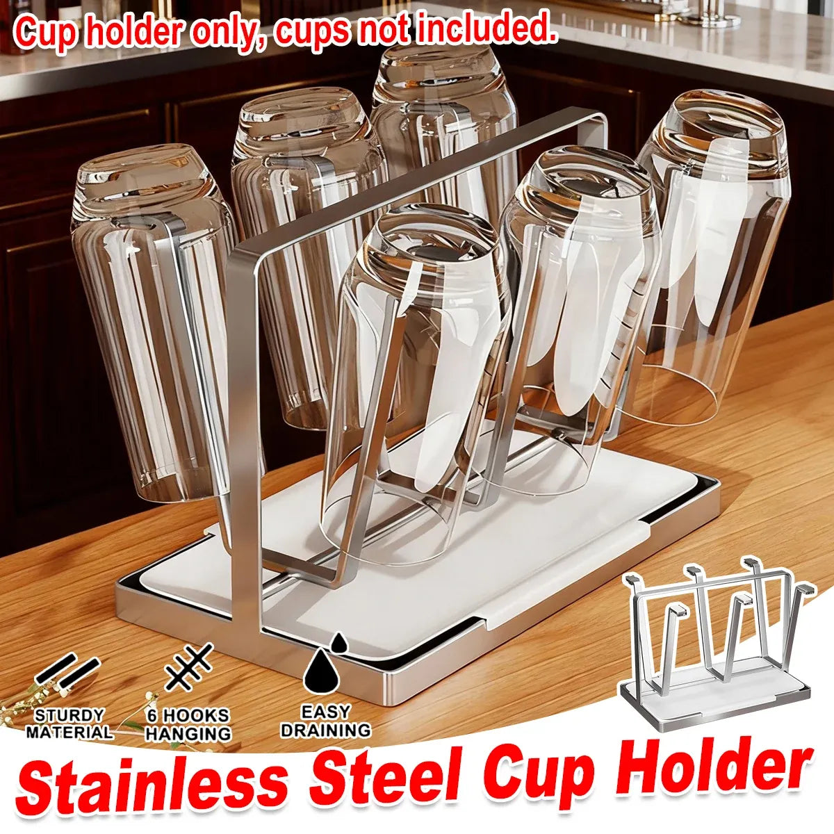 Drying Stainless Steel Cup Holder 6 Hook for Coffee Mug Glass Bottle Cup Durable