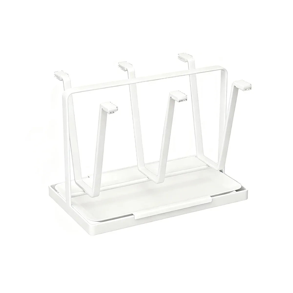 6 Hook Stainless Steel Cup Rack with Drip Tray for Mugs and Glasses - White