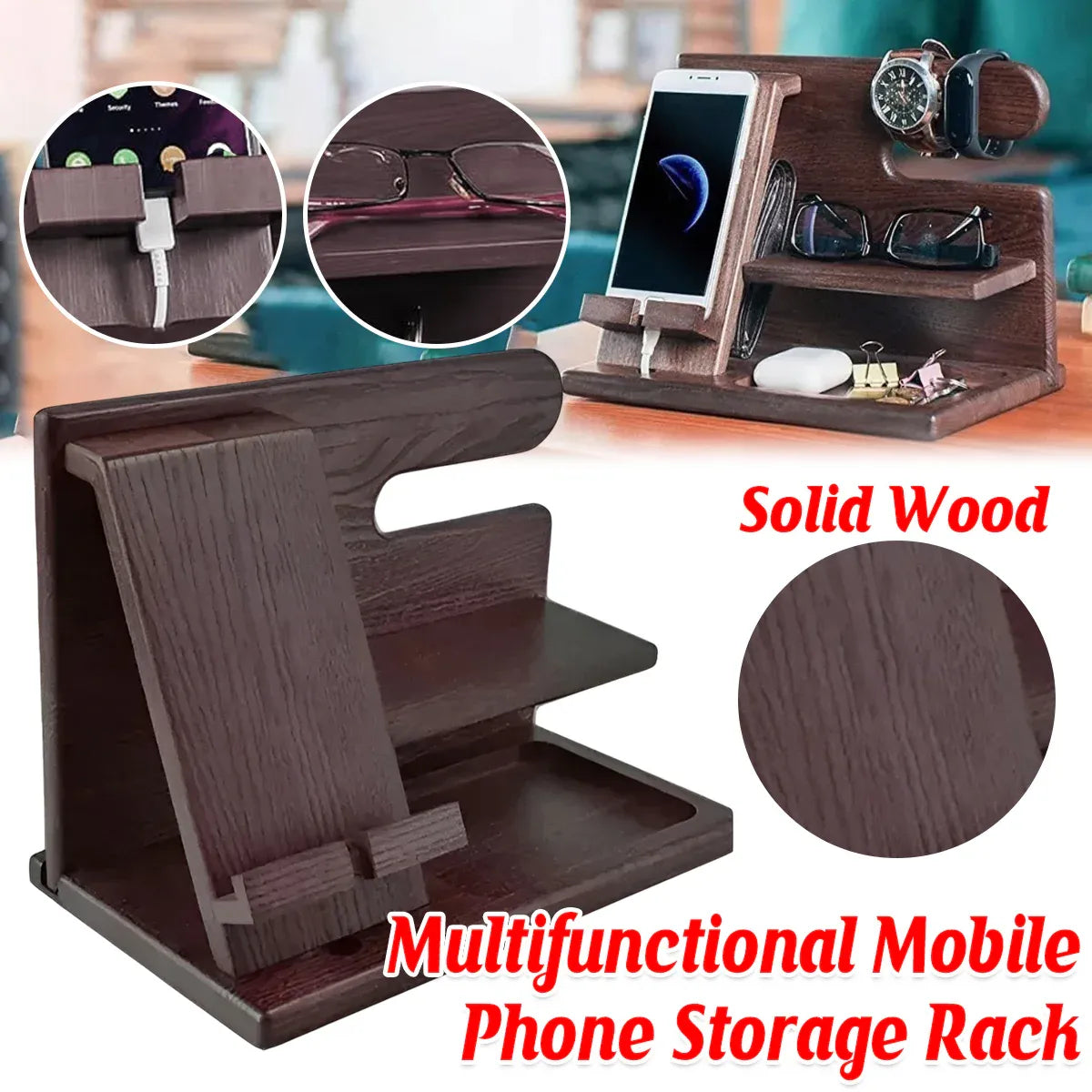 Solid Wood Multi function Desktop Phone Stand Durable Stable Non Slip Space Saving