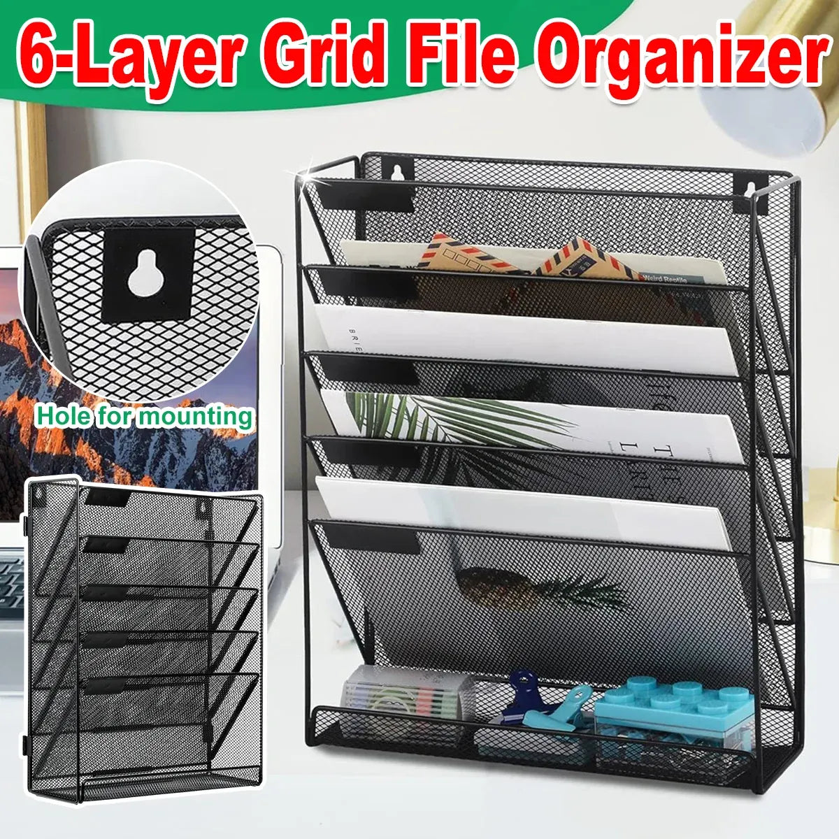 6 Layer Grid File Organizer Office Document Storage Rack Desktop Paper Sorter