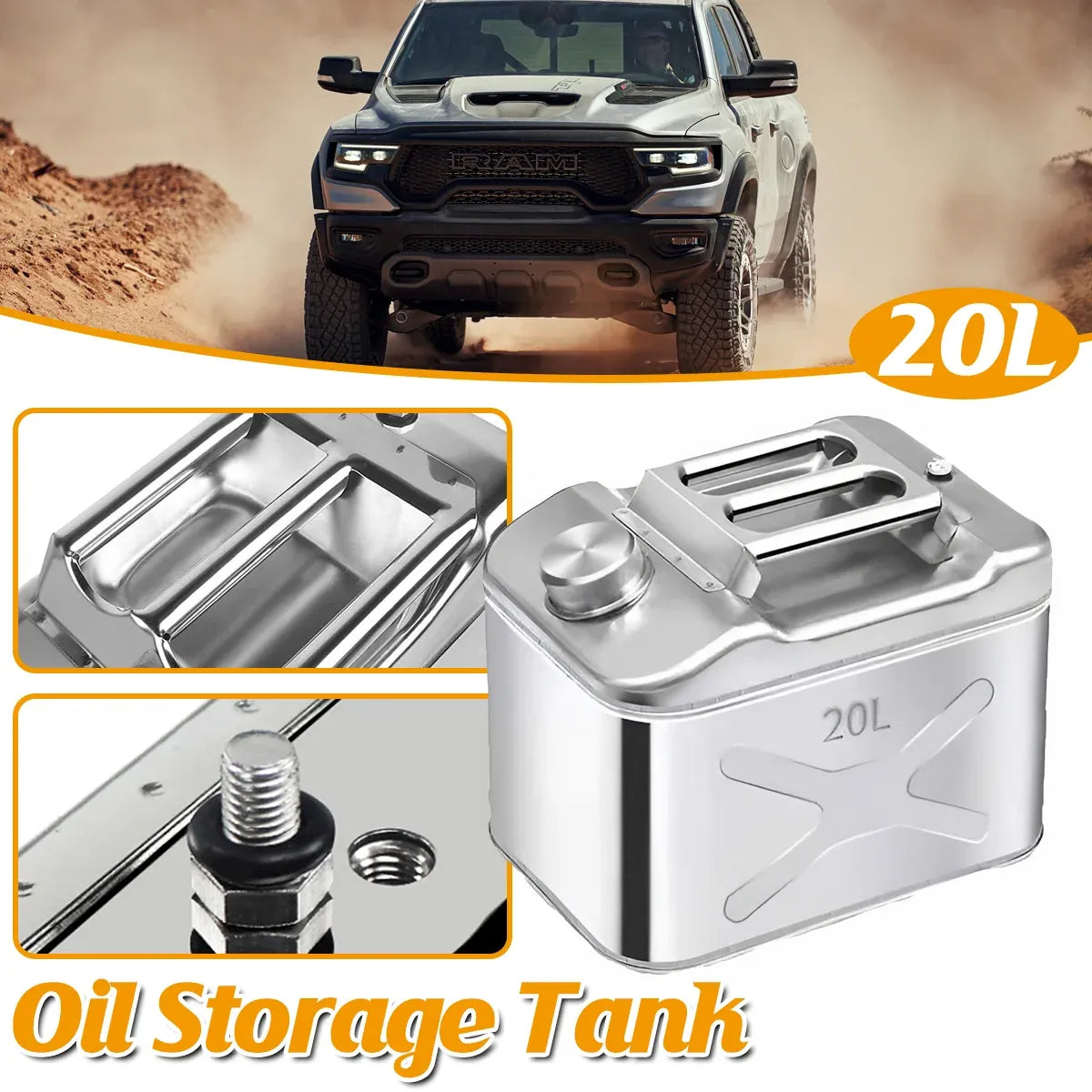 Stainless Steel Fuel Oil Drum Tank Silver 20L Diesel Gasoline Storage Container