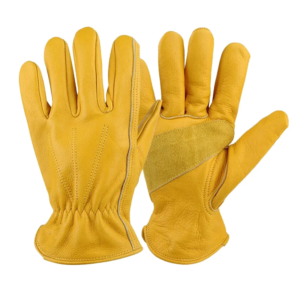 Golden Yellow Cowhide Work Gloves Full Finger Gardening DIY Home Maintenance Use - L