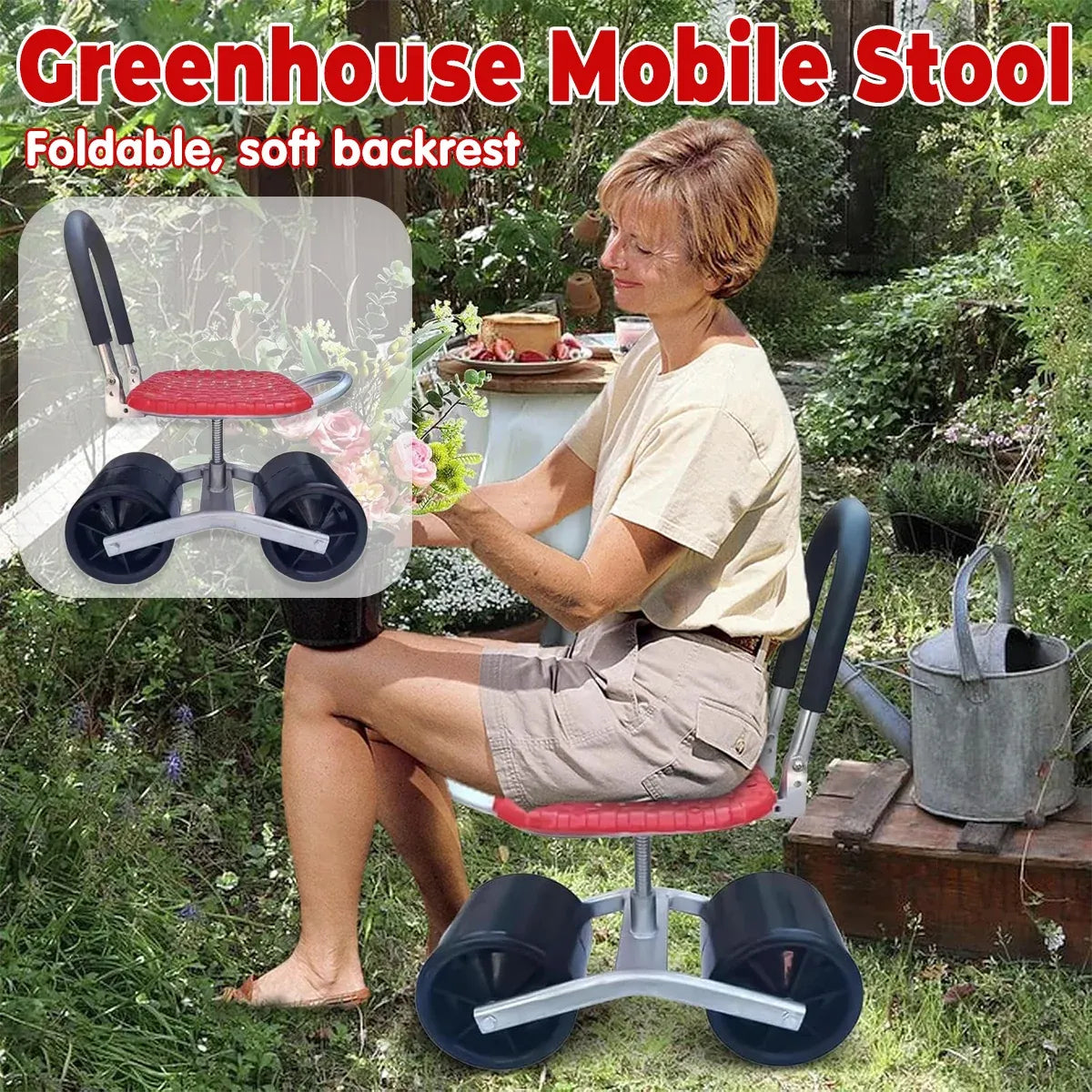 Greenhouse Garden Mobile Wheeled Stool Sturdy Durable Non Slip Seat Easy to Move