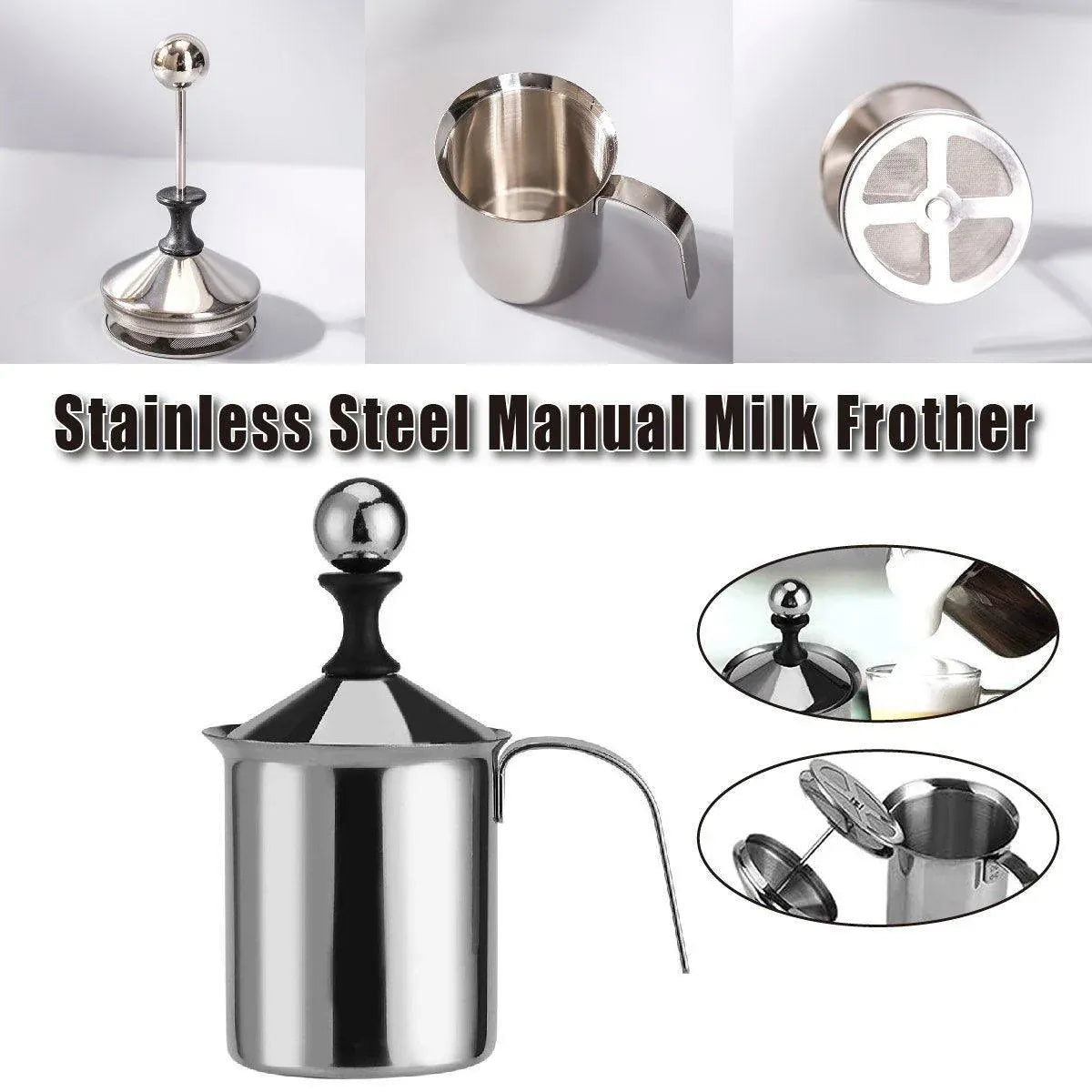 400ml Stainless Steel Manual Milk Frother Double Mesh Strainer Frothing Pitcher