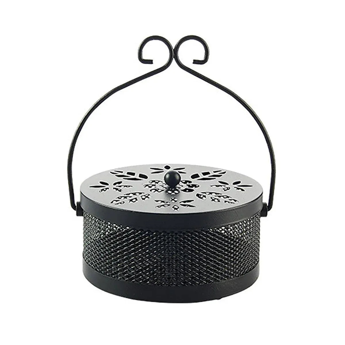 Fireproof Wrought Iron Mosquito Coil Holder with Cover for Indoor Outdoor Use - Black