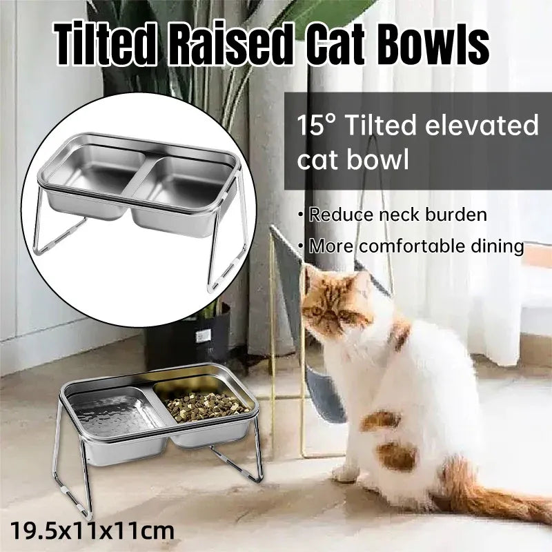Cat Food Bowl Set Double Tilted Stainless Steel Pet Feeding Bowl Non Slip Stand