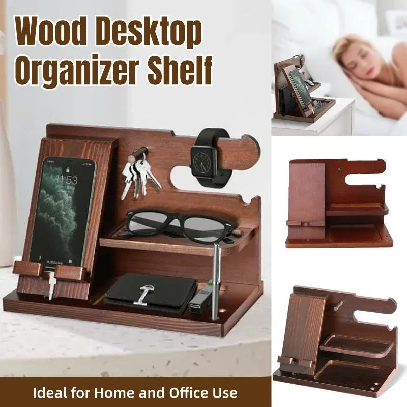 Wooden Mobile Phone Holder Desk Organizer Multifunctional Storage Shelf Stand