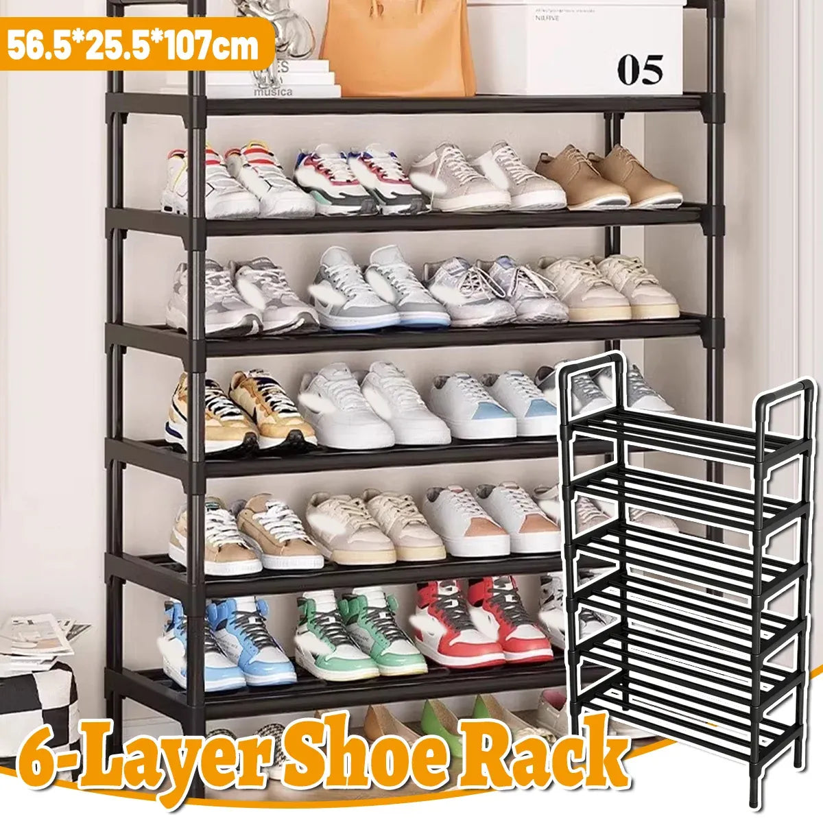 Shoe Rack Storage Cabinet 6 Tier Stackable Shelves Stand Black Organizer Home