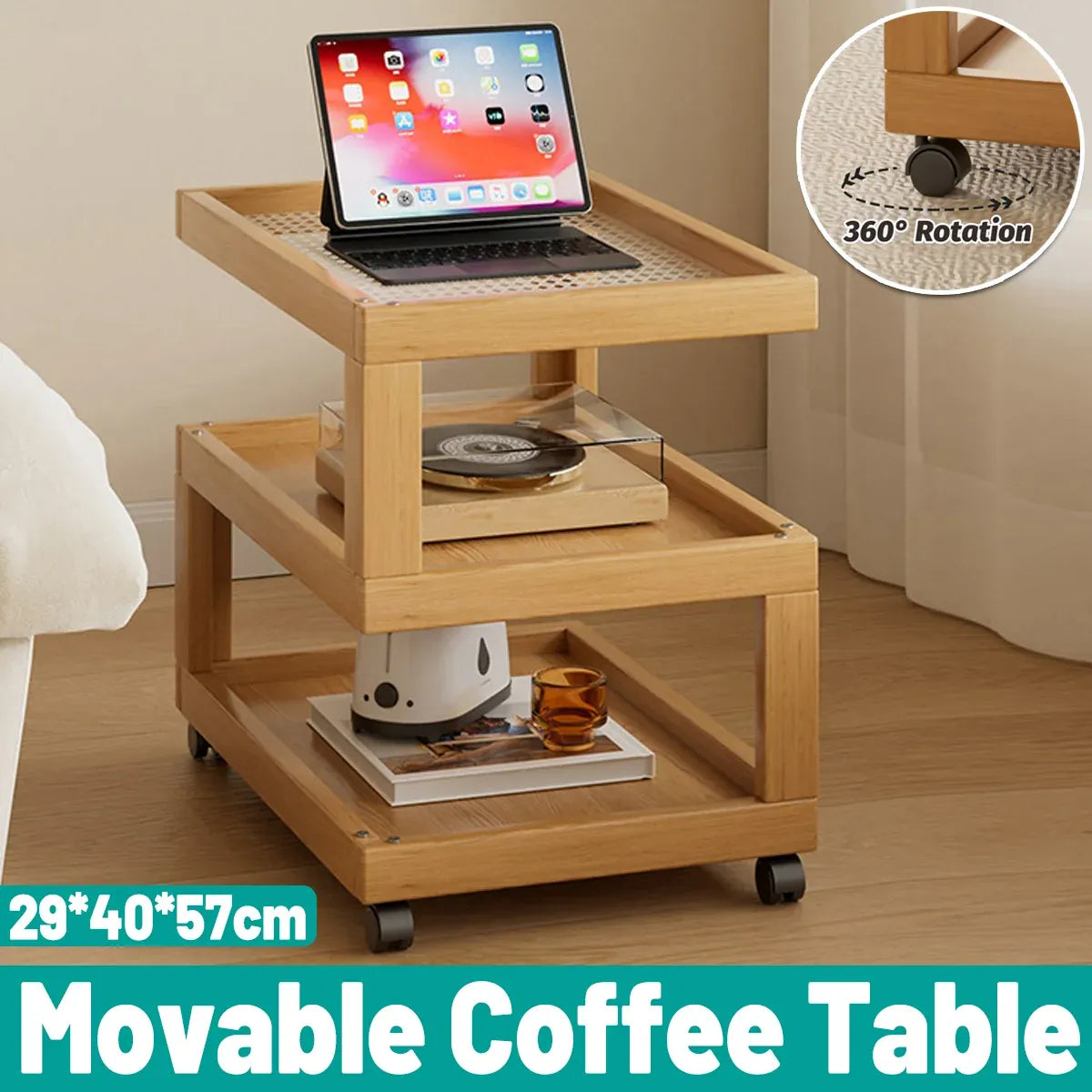 Mobile Coffee Table with Rolling Caster Wheels Versatile Living Room Side Table