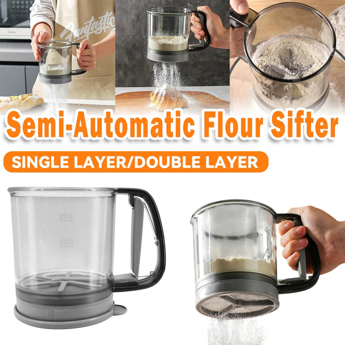 Semi Automatic Handheld Flour Sieve Fine Mesh Food Grade Baking Sifter