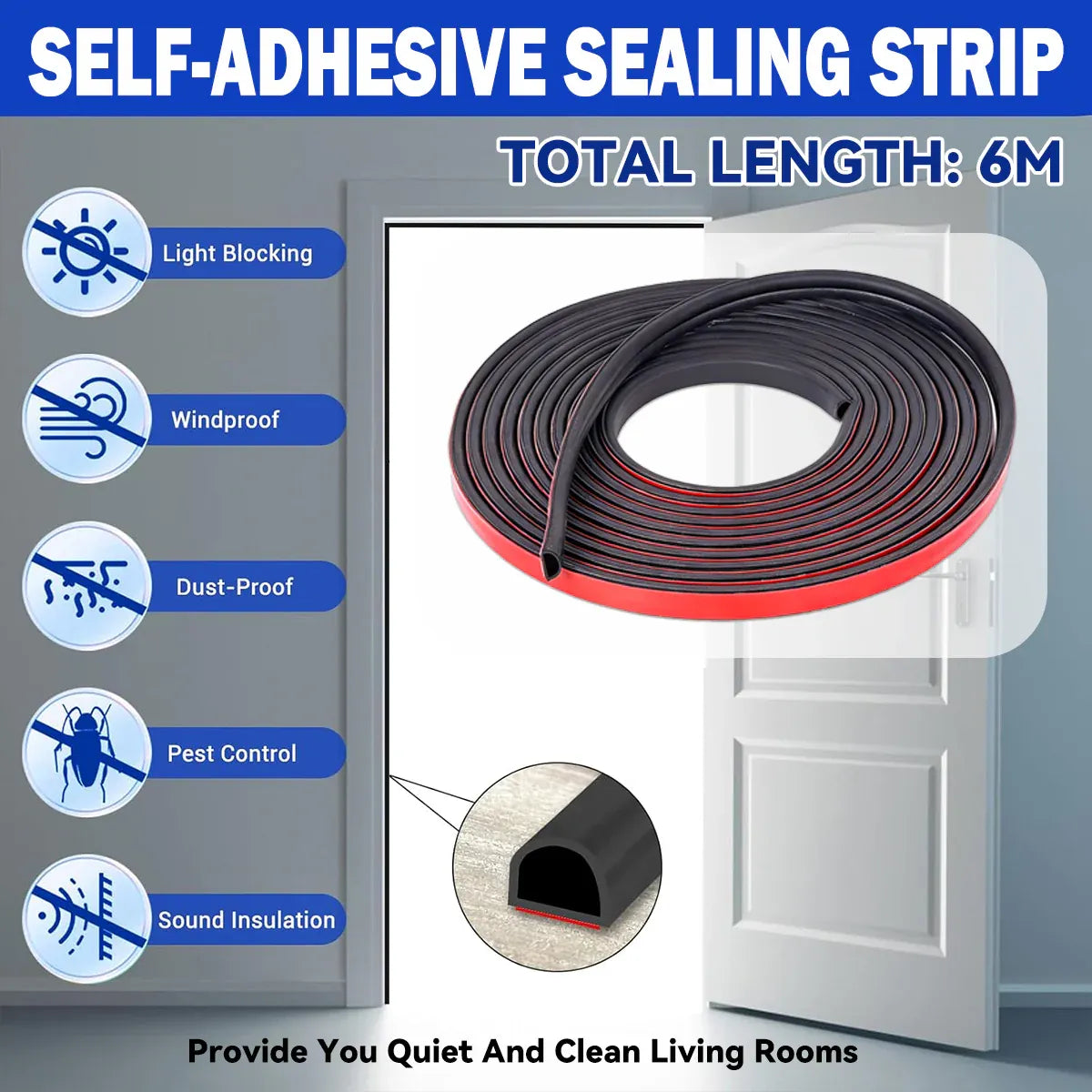 Self Adhesive Door Window Sealing Strip 6m for Soundproof Dustproof Windproof