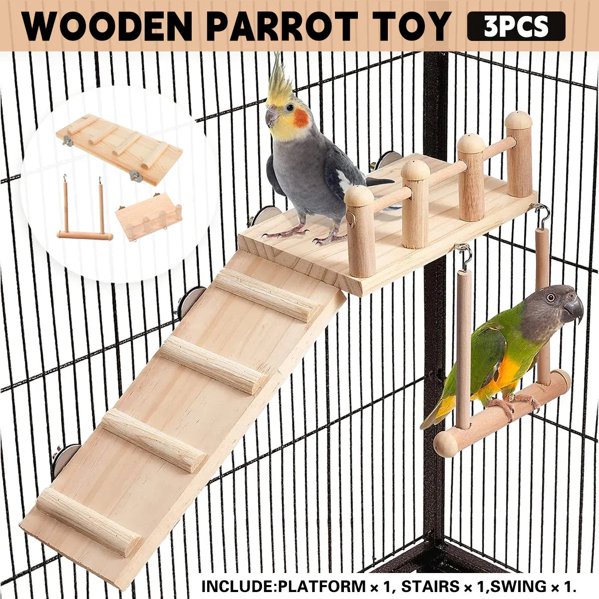 Wooden Parrot Platform Ladder Swing Toy 3 Piece Set Natural Wood Non Toxic