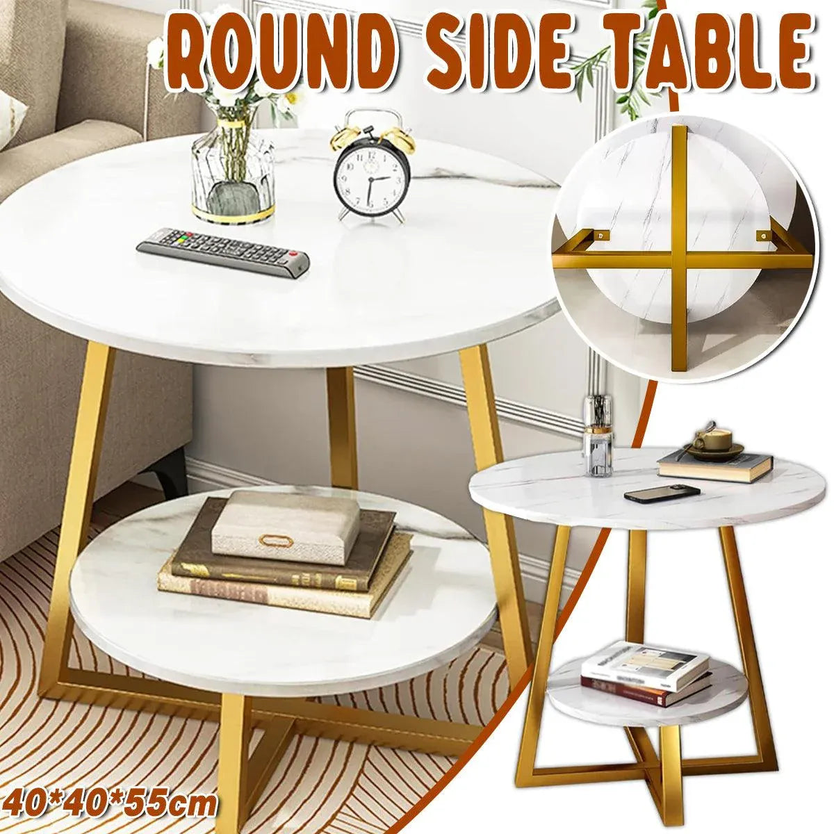 Round Side Table 2 Tier White Nightstand Coffee Sofa End Table Marble Design