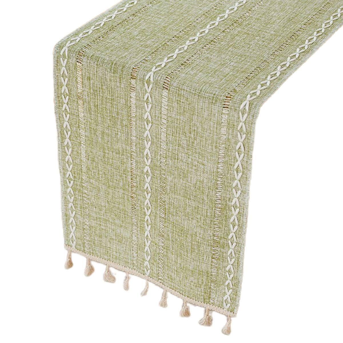 Solid Colour Woven Hollow Fringe Table Runner Home Dining Tablecloth Decoration - 33x183cm-Green