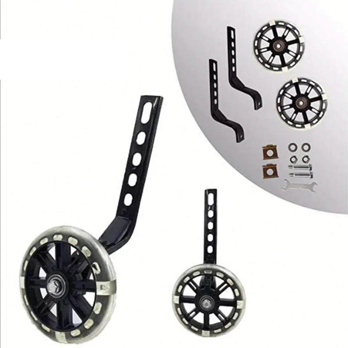 12–20 Inch Bike Training Wheels Flashing PVC Silent Stabilizer Auxiliary Support - Black