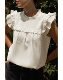 White Solid Color Ruffle Trim Waffle Knit Blouse - XL