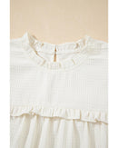 White Solid Color Ruffle Trim Waffle Knit Blouse - XL