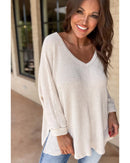 White Waffle Knit Side Slits Loose Fit V Neck Top - M