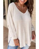 White Waffle Knit Side Slits Loose Fit V Neck Top - S
