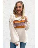 White Corded Exposed Seam Knit Patchwork Drop Sleeve Top - XL