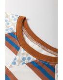 White Striped Floral Printed Patchwork Lantern Sleeve Blouse - S