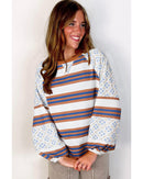 White Striped Floral Printed Patchwork Lantern Sleeve Blouse - XL