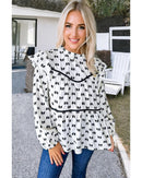 White Bow Knot Print Piping Trim Ruffled Crew Neck Blouse - S