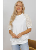 White Lace Crochet Short Sleeve Round Neck T Shirt - L