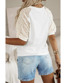 White Lace Crochet Short Sleeve Round Neck T Shirt - L