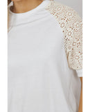 White Lace Crochet Short Sleeve Round Neck T Shirt - M