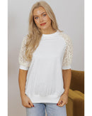 White Lace Crochet Short Sleeve Round Neck T Shirt - XL