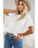 White Eyelet Pattern Boat Neck Casual Tee - L