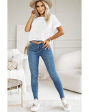 White Eyelet Pattern Boat Neck Casual Tee - XL