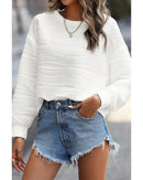 White Wavy Texture Drop Shoulder Long Sleeve Top - L