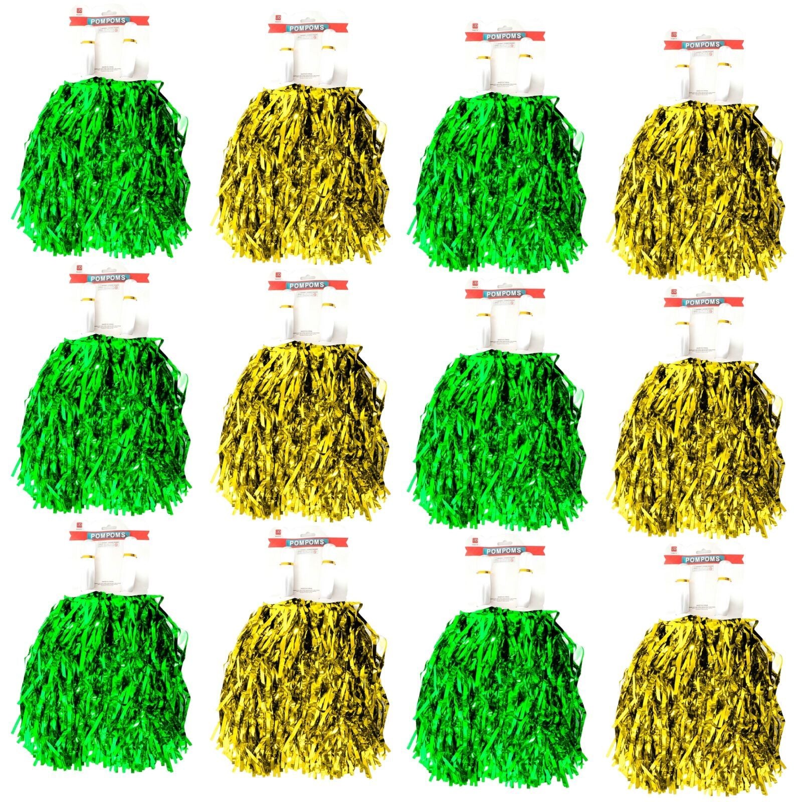 Green & Yellow Metallic Cheerleading Pom Poms β 12-Pack (6 Green Pairs & 6 Yellow Pairs) Australia Day