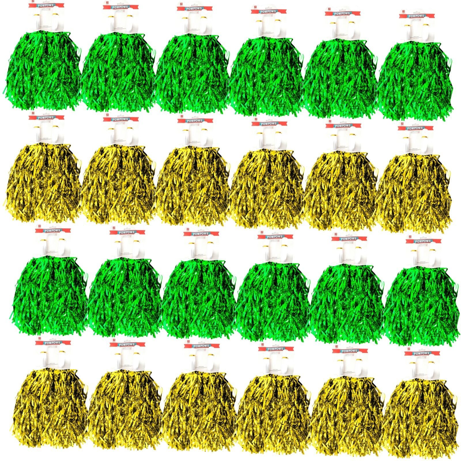 Green & Yellow Metallic Cheerleading Pom Poms β 24-Pack (12 Green Pairs & 12 Yellow Pairs) Australia Day
