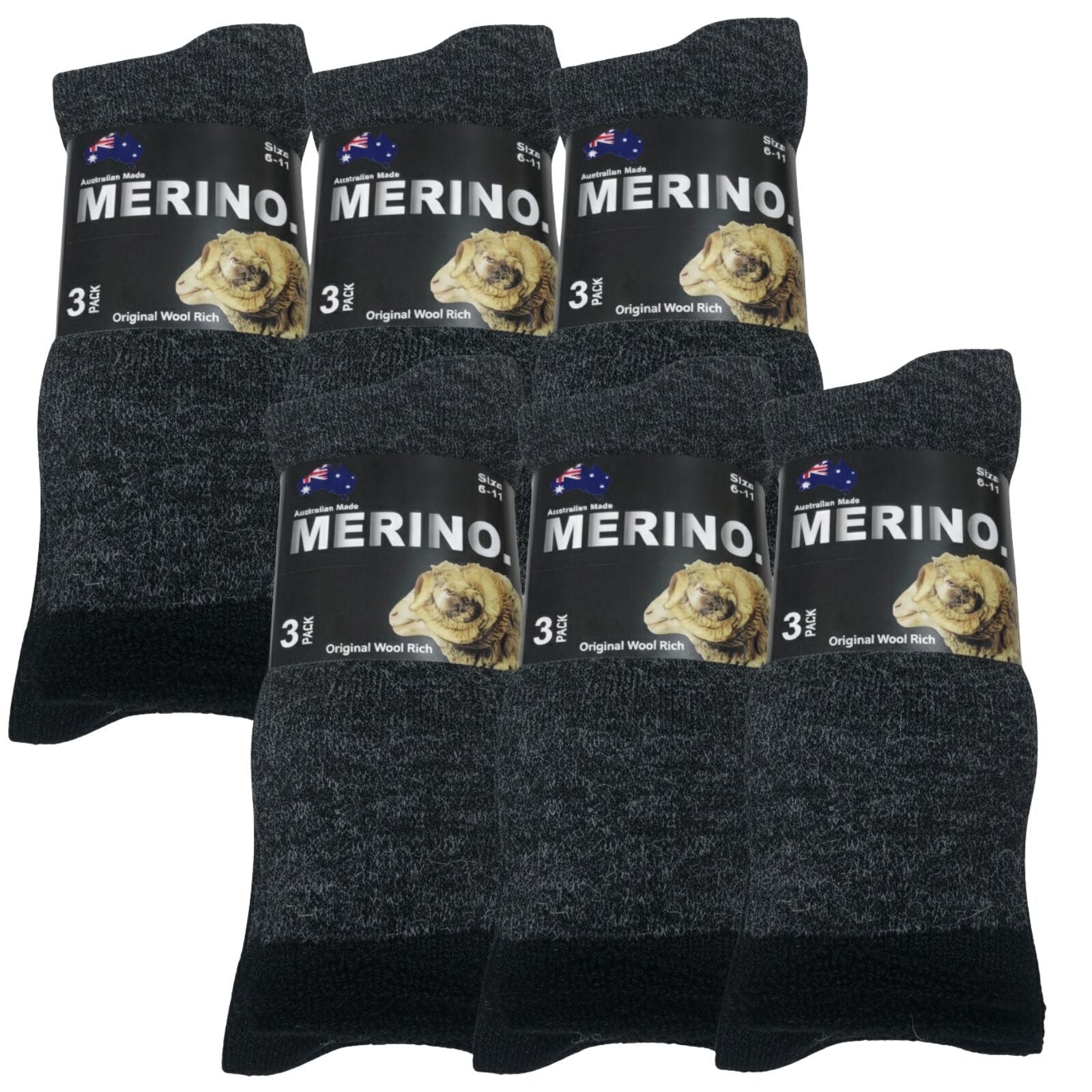 6 Pairs MERINO WOOL SOCKS Mens Heavy Duty Premium Thick Work Socks Cushion in Charcoal