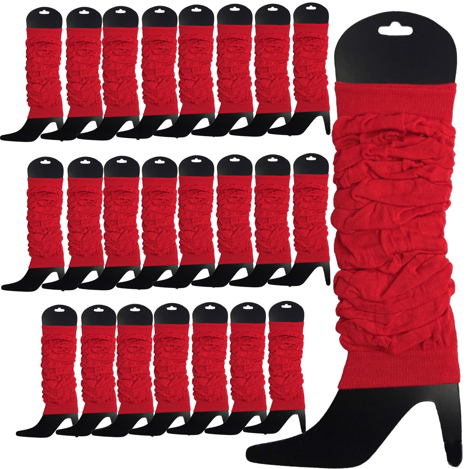 24 LEG WARMERS Knitted Womens Neon Party Knit Ankle Fluro Dance Costume 80s BULK - Red