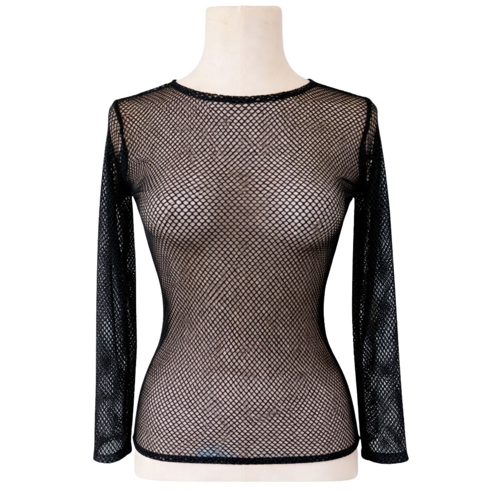 Womens Fishnet Mesh Top Long Sleeve Sheer See Through Party Costume - Black