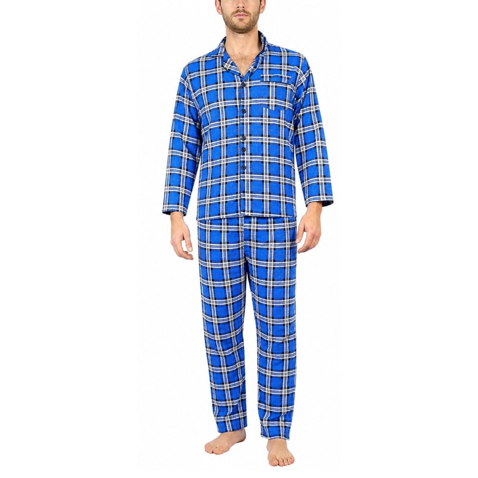 Mens Flannelette Pyjama Set 100% Cotton Long Sleeve Pants Soft Warm PJs - Blue