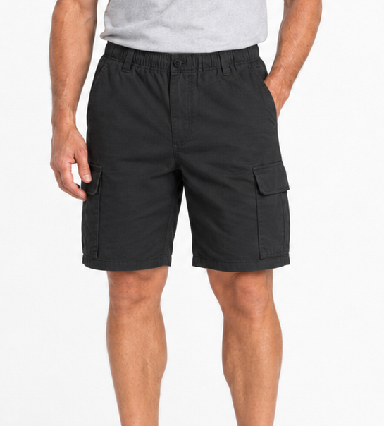 Mens CARGO SHORTS Elastic Waist 100% COTTON Army Military PLAIN Pocket - Black
