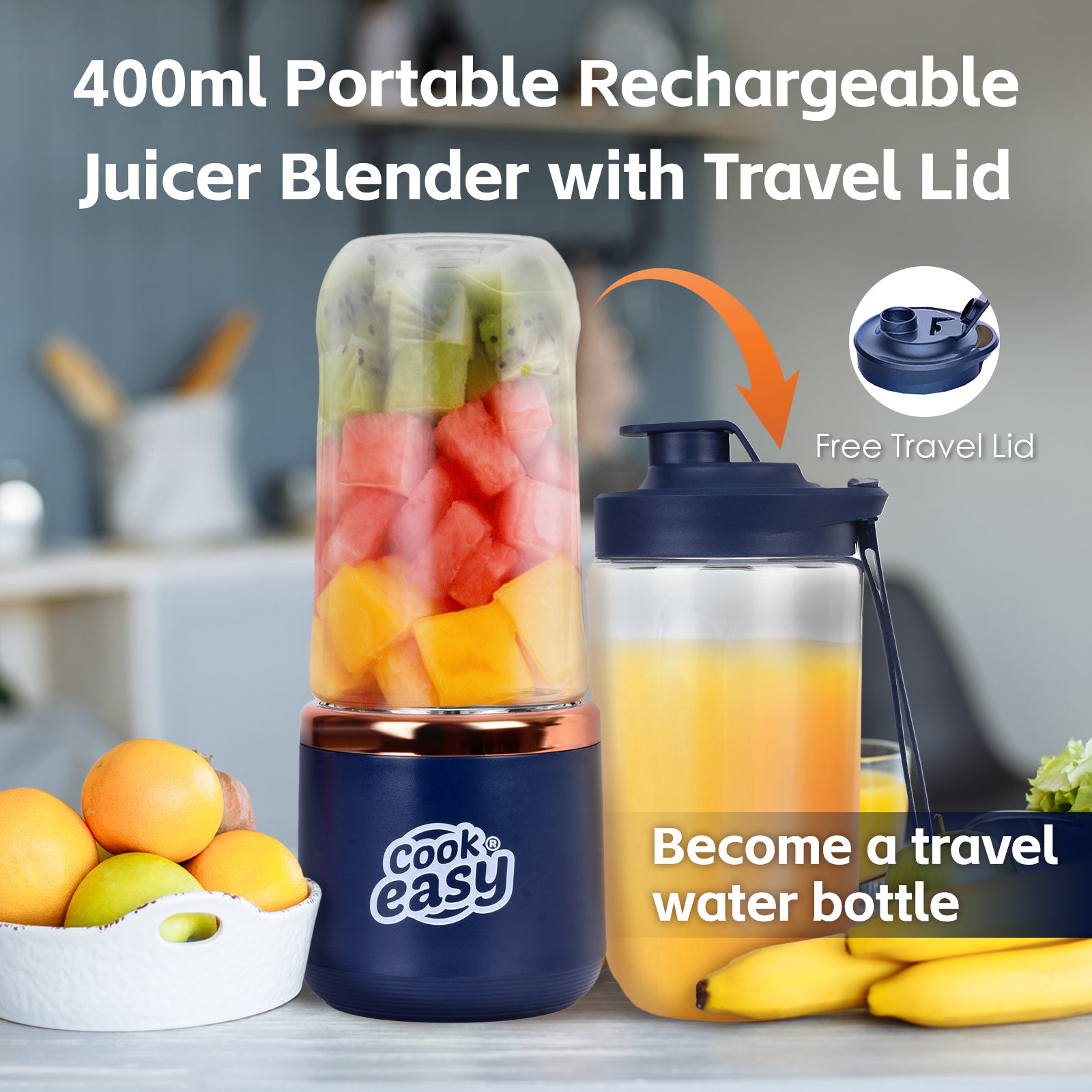 400ml USB-C Rechargeable Portable Juicer with Travel Lid β Personal Blender for Smoothies & Shakes