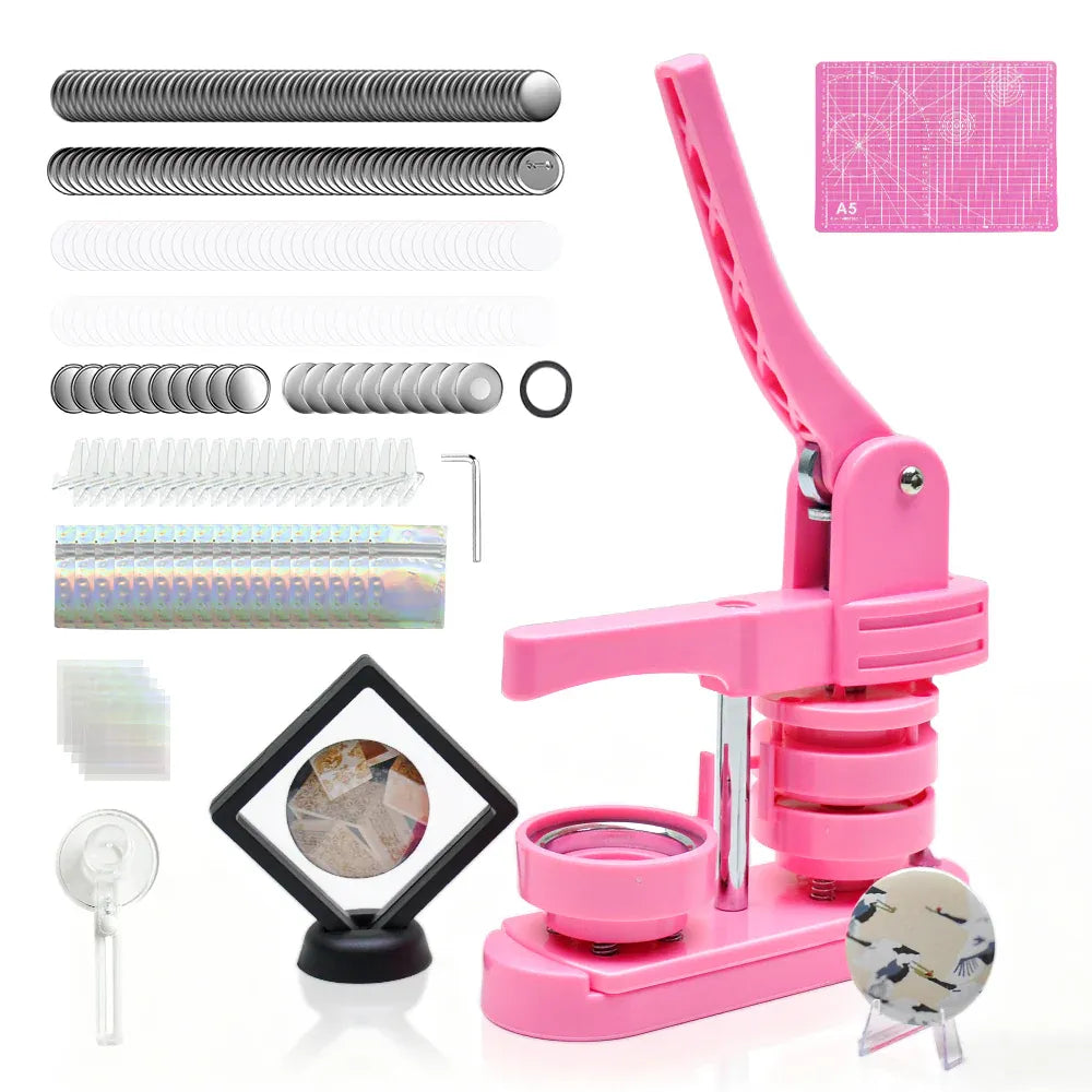 58mm Button Maker Machine DIY Badge Making Pin Press Machine with All-Inclusive Accessories for Custom Pin Badges Mirrors Fridge Magnets Gift Set Pink