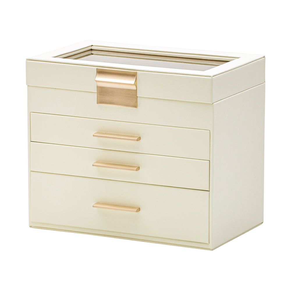 4 Layer Jewelry Box PU Leather Jewellery Organizer Multi-functional Storage Case with Clear Glass Lid and 3 Drawers for Necklaces Rings Earrings Watches