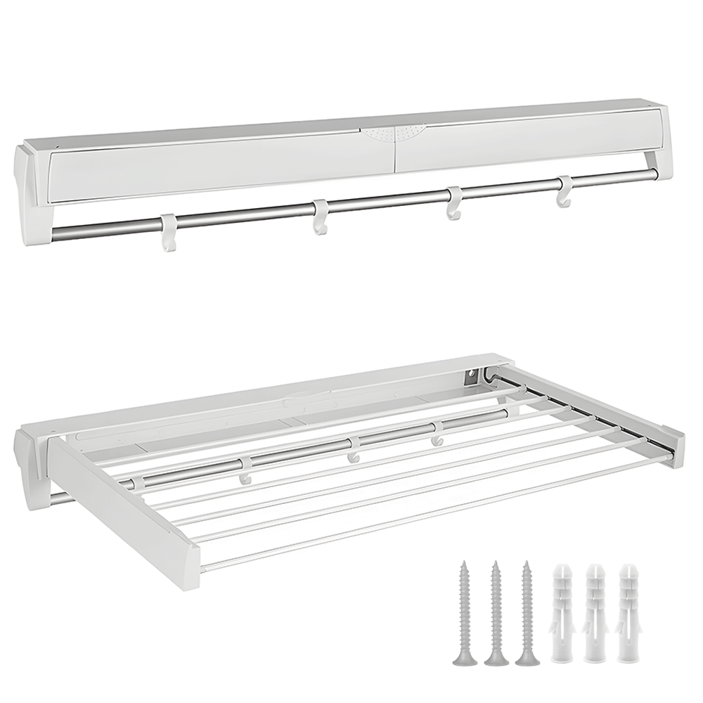 Alston Wall Mounted Drying Rack Clothes Airer Space Saver Folding Dryer Bearing Capacity 12KG Foldable Rail With Hooks Indoor Outdoor Balcony Laundry White
